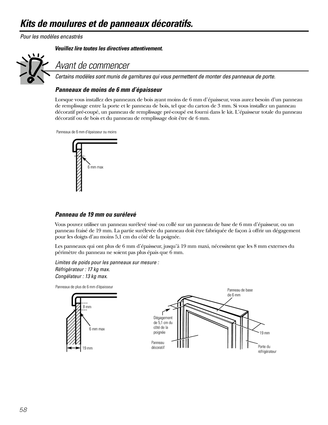 GE 200D2600P031 operating instructions Kits de moulures et de panneaux décoratifs, Panneaux de moins de 6 mm d’épaisseur 