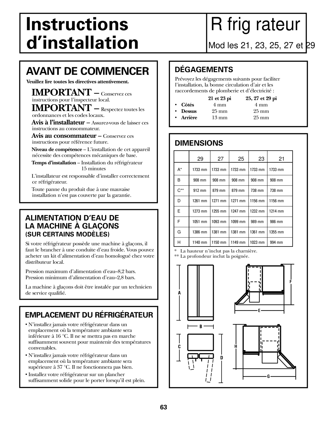 GE 200D2600P031 Avant DE Commencer, Alimentation D’EAU DE LA Machine À Glaçons, Emplacement DU Réfrigérateur, Dégagements 