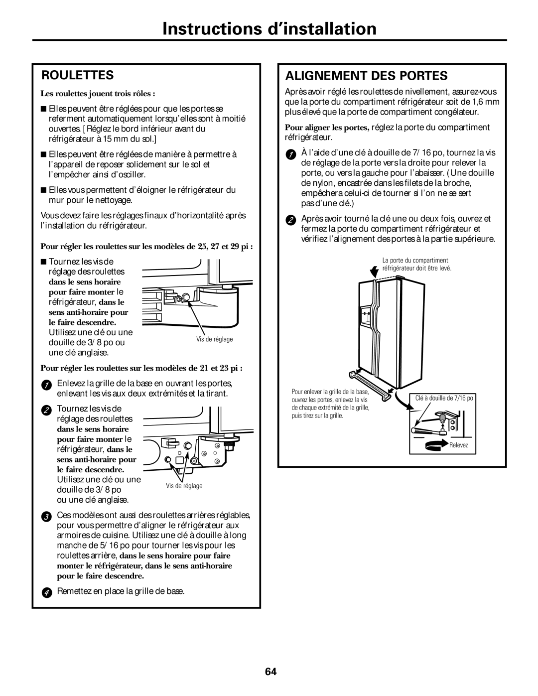 GE 200D2600P031 operating instructions Roulettes, Alignement DES Portes 