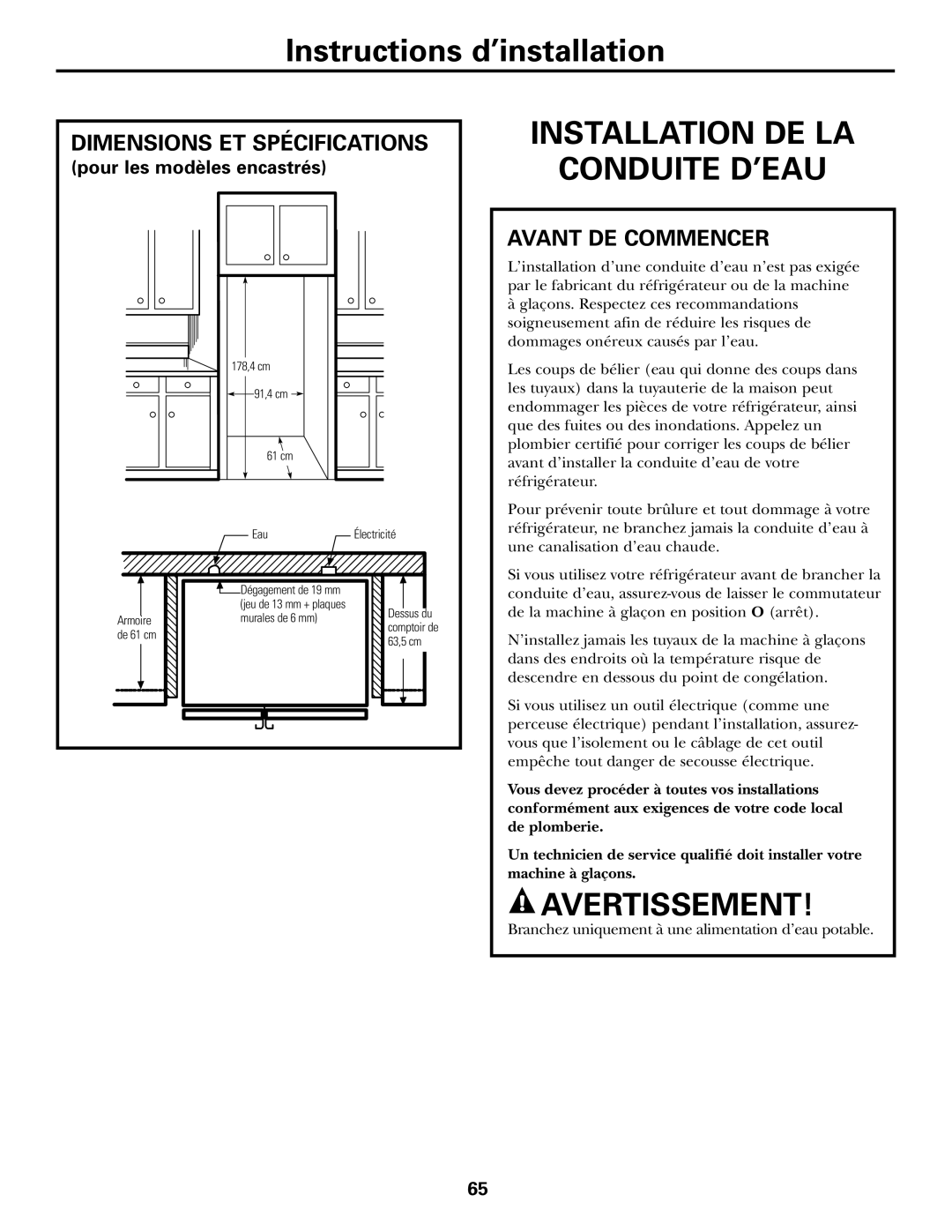 GE 200D2600P031 Installation DE LA Conduite D’EAU, Avertissement, Dimensions ET Spécifications, Avant DE Commencer 