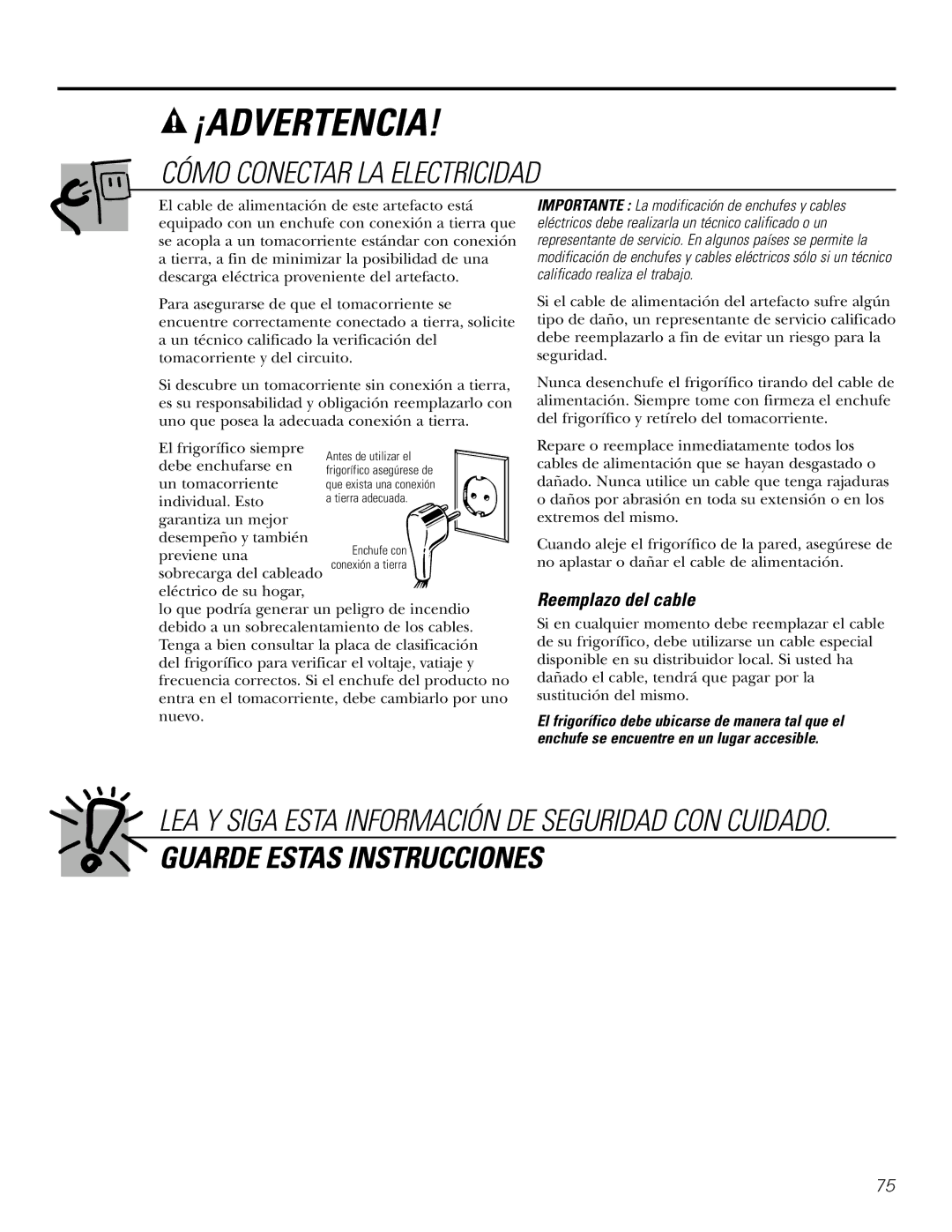 GE 200D2600P031 operating instructions Cómo Conectar LA Electricidad, Reemplazo del cable 