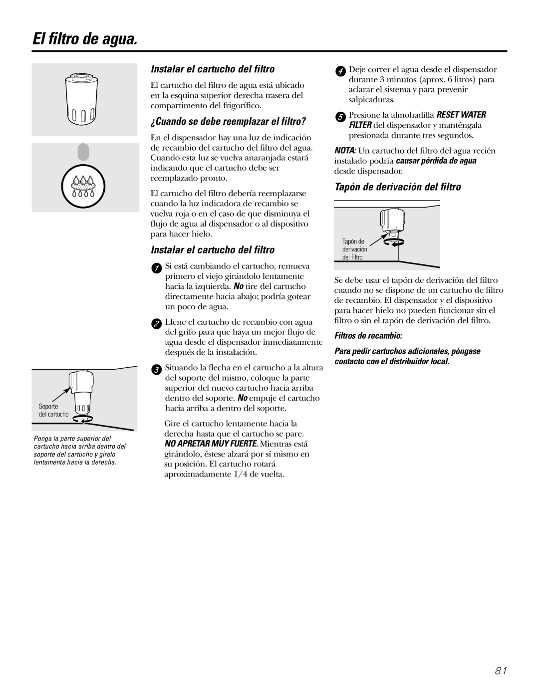 GE 200D2600P031 El filtro de agua, Instalar el cartucho del filtro, Tapón de derivación del filtro, Filtros de recambio 