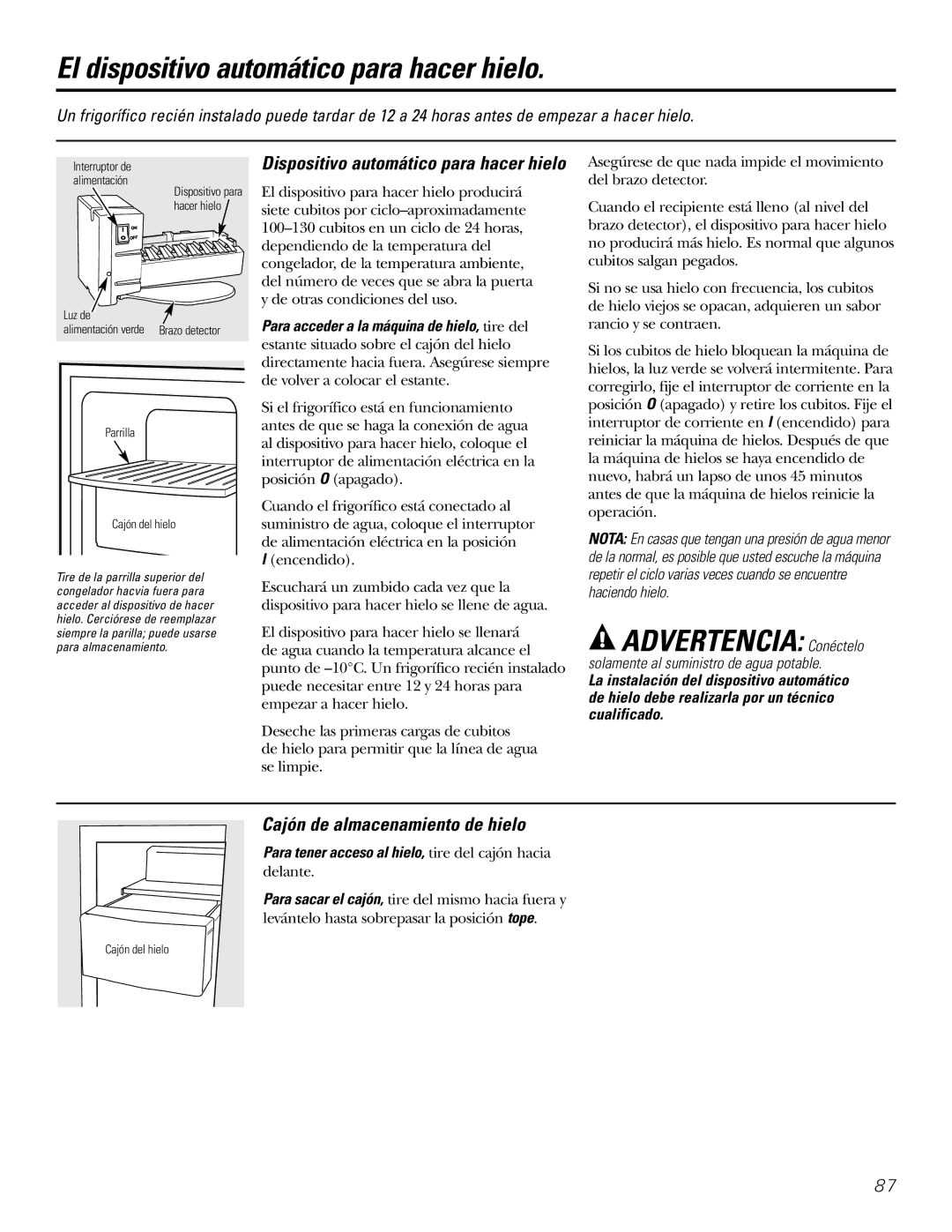 GE 200D2600P031 El dispositivo automático para hacer hielo, Advertencia Conéctelo, Cajón de almacenamiento de hielo 