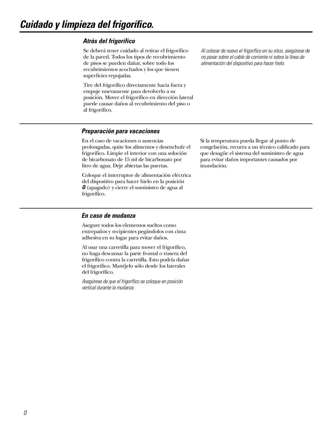 GE 200D2600P031 operating instructions Atrás del frigorífico, Preparación para vacaciones, En caso de mudanza 