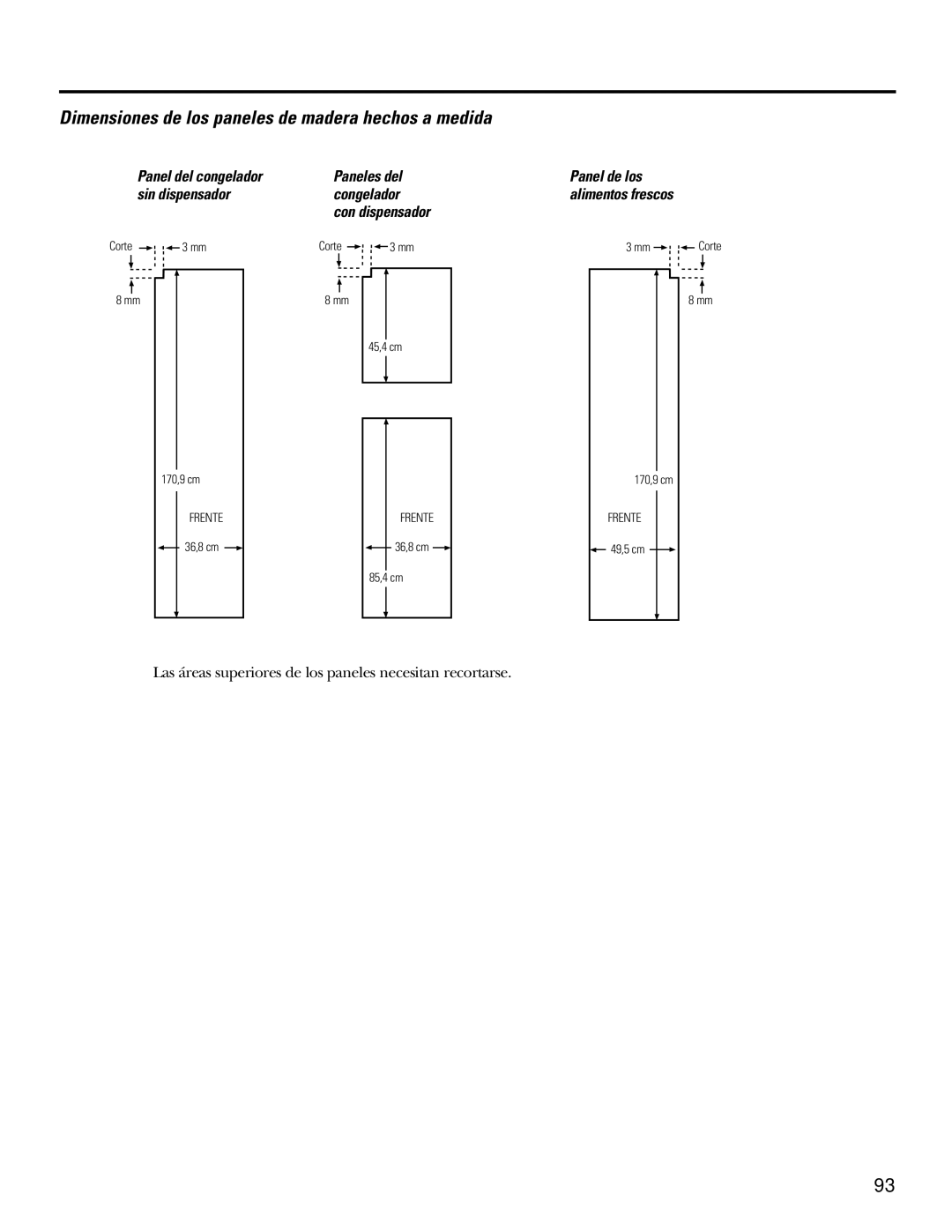 GE 200D2600P031 operating instructions Dimensiones de los paneles de madera hechos a medida 