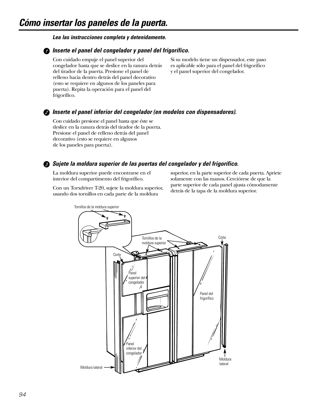 GE 200D2600P031 Cómo insertar los paneles de la puerta, Inserte el panel del congelador y panel del frigorífico 