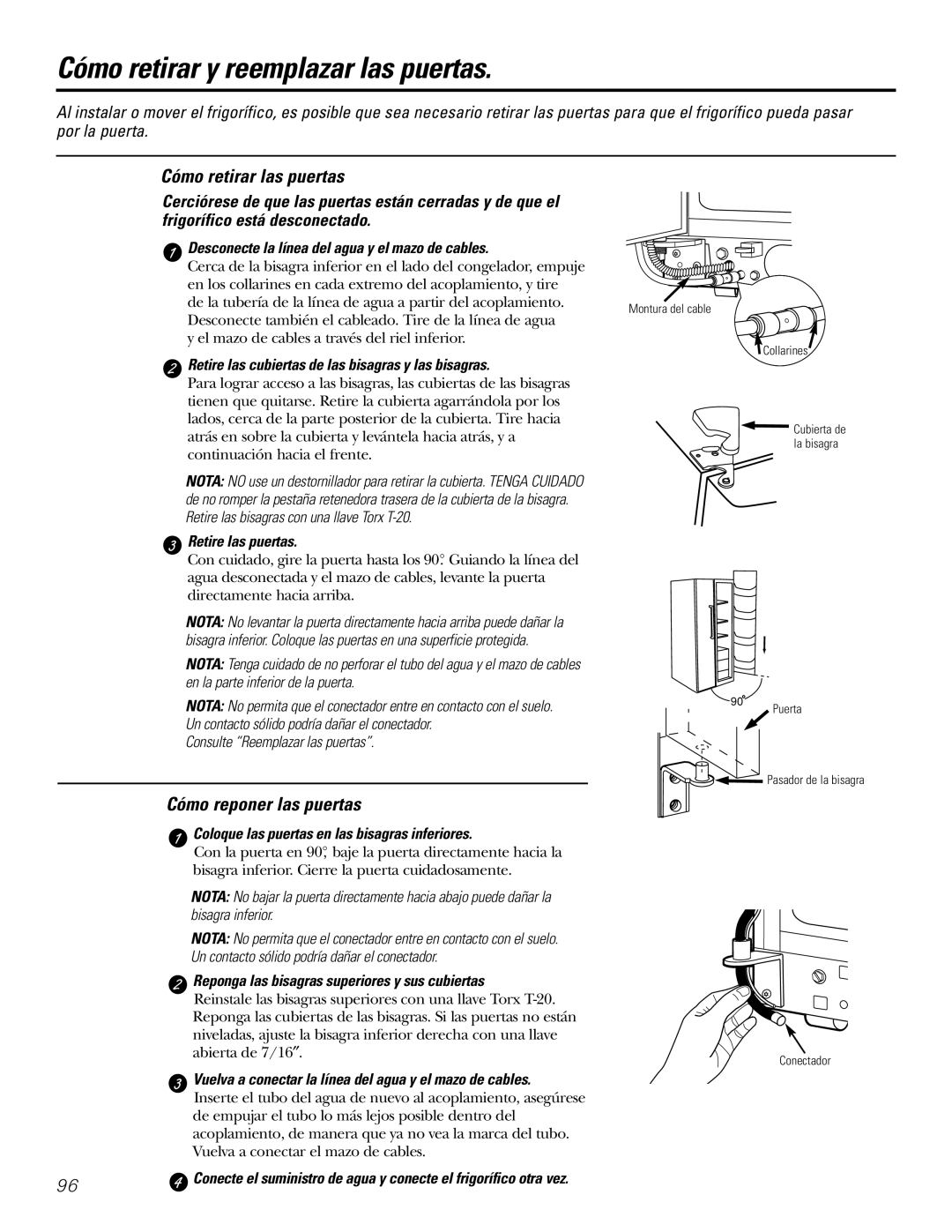 GE 200D2600P031 Cómo retirar y reemplazar las puertas, Cómo retirar las puertas, Cómo reponer las puertas 