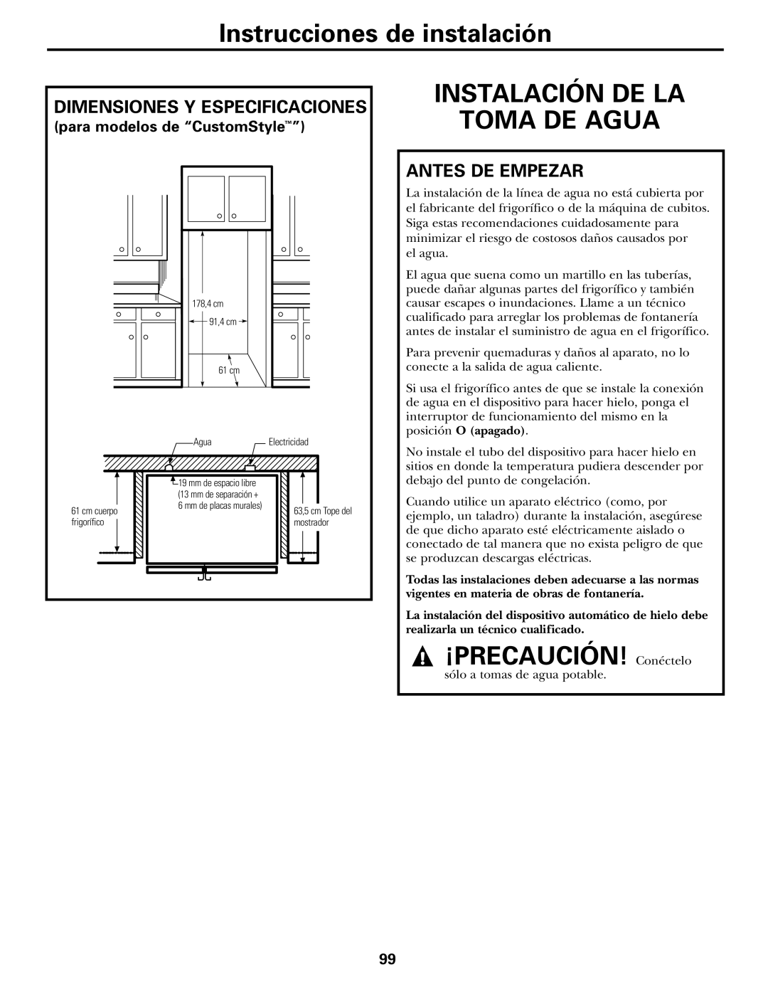 GE 200D2600P031 operating instructions Instalación DE LA Toma DE Agua, Dimensiones Y Especificaciones, Antes DE Empezar 