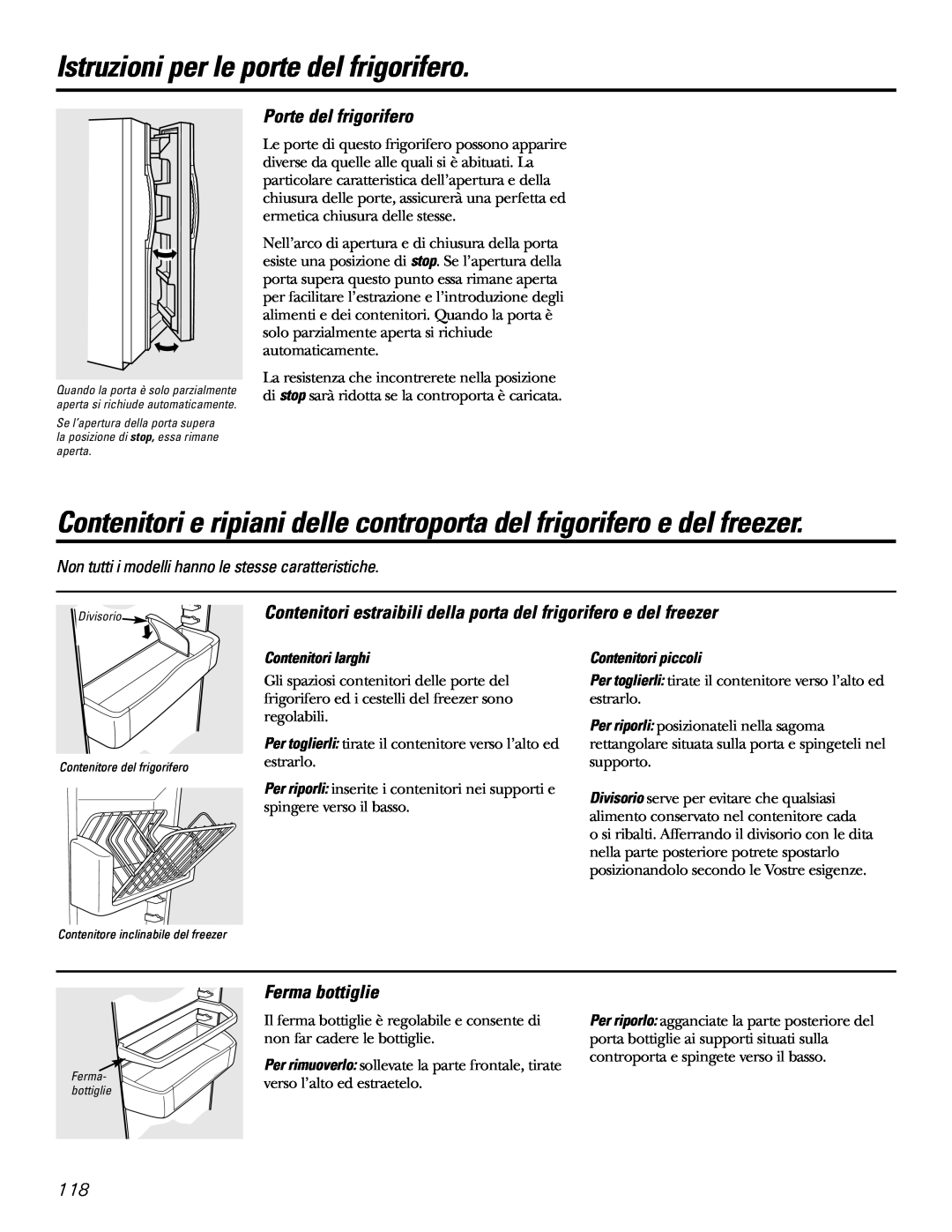 GE 200D2600P031 operating instructions Istruzioni per le porte del frigorifero, Porte del frigorifero, Ferma bottiglie 