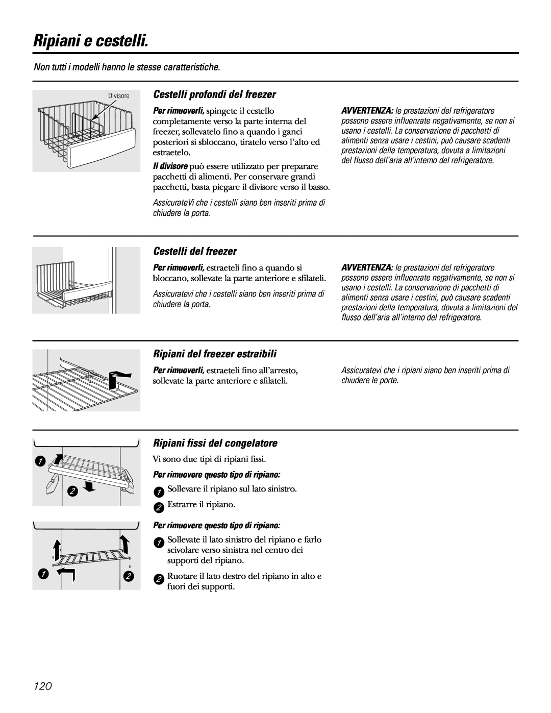 GE 200D2600P031 operating instructions Ripiani e cestelli, Divisore Cestelli profondi del freezer, Cestelli del freezer 
