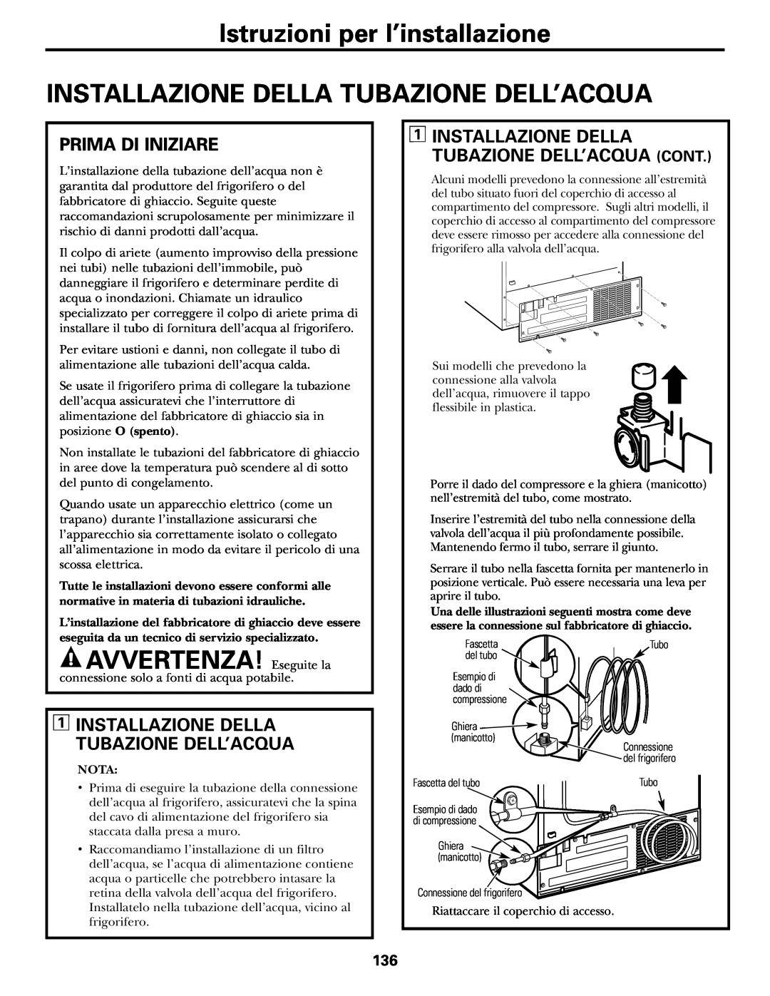 GE 200D2600P031 operating instructions Installazione Della Tubazione Dell’Acqua, AVVERTENZA! Eseguite la, Prima Di Iniziare 