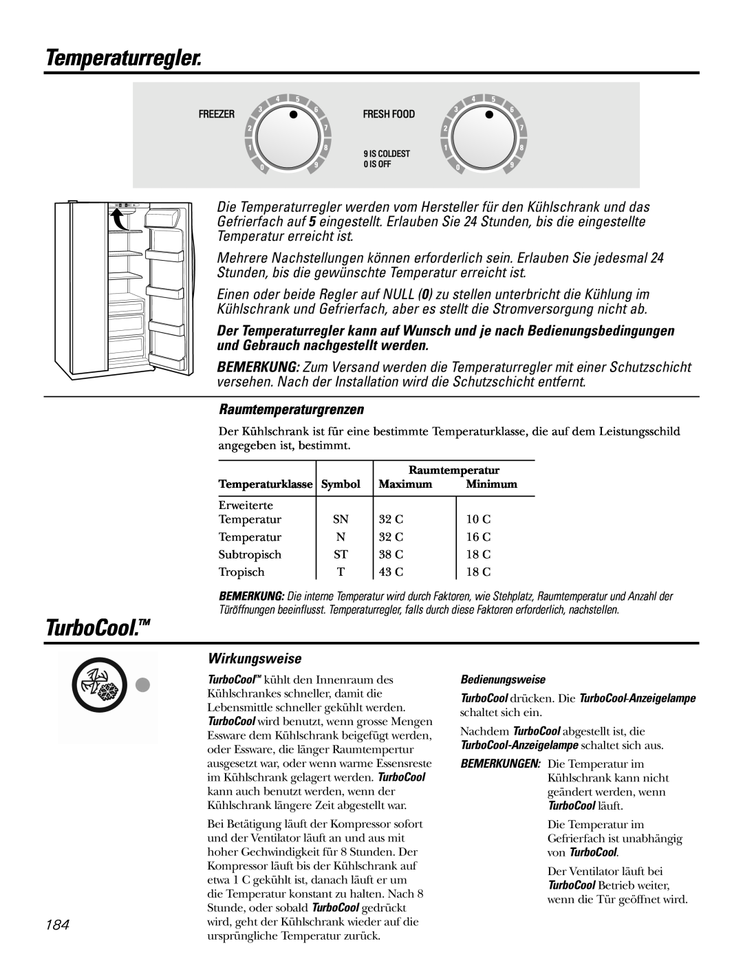 GE 200D2600P031 operating instructions Wirkungsweise, Temperaturregler, TurboCool, Raumtemperaturgrenzen, Bedienungsweise 