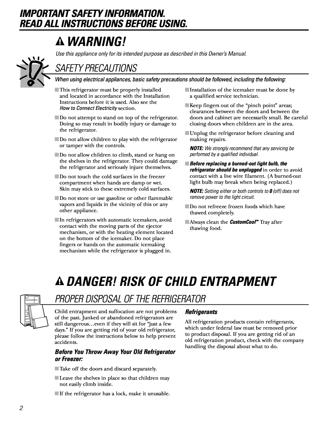 GE 200D2600P031 Danger! Risk Of Child Entrapment, Important Safety Information Read All Instructions Before Using 