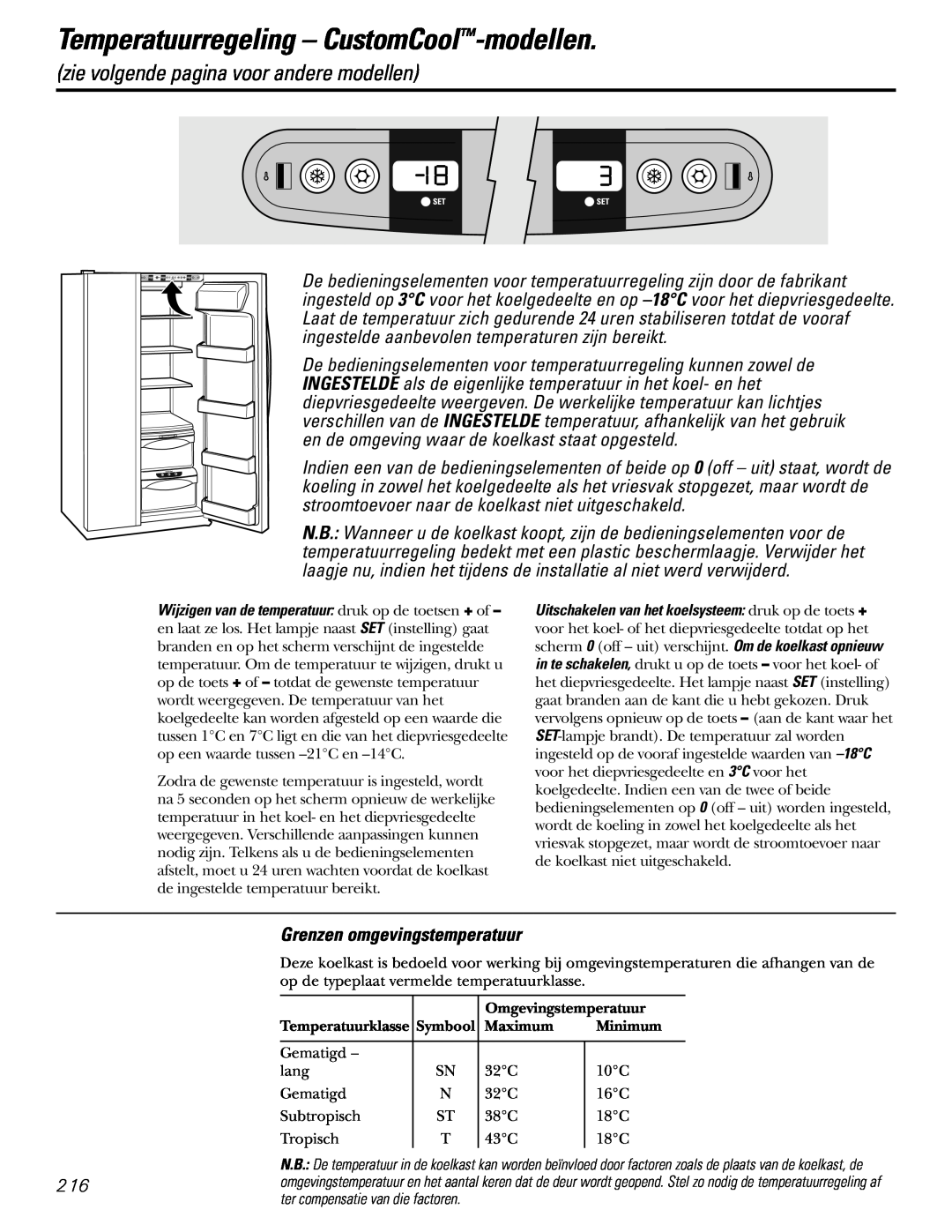 GE 200D2600P031 operating instructions Temperatuurregeling - CustomCool-modellen, zie volgende pagina voor andere modellen 