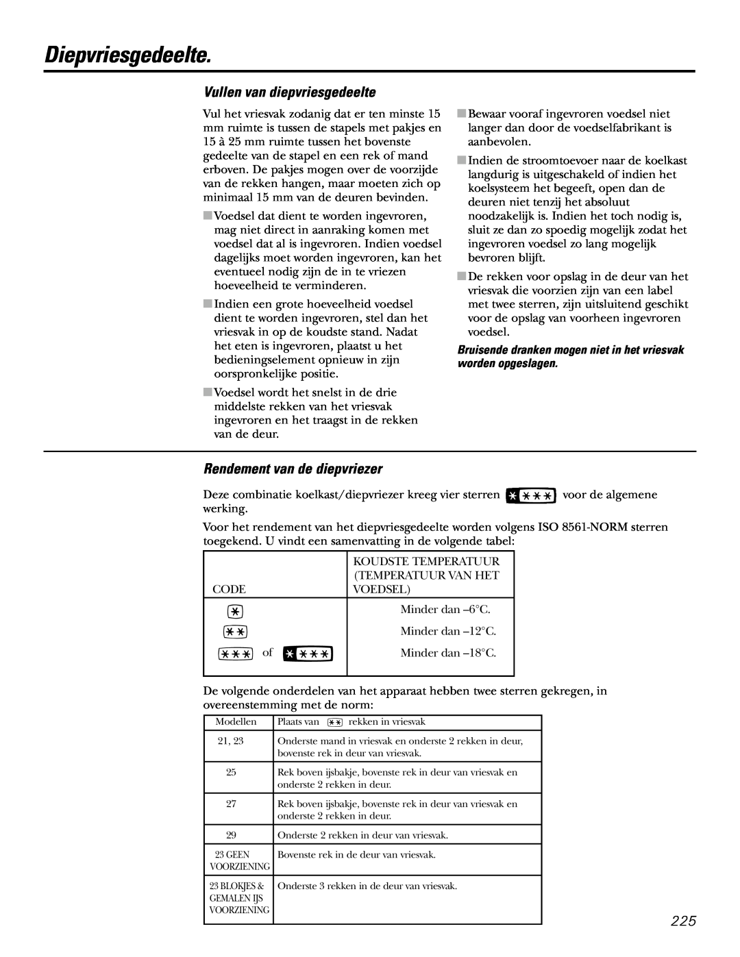 GE 200D2600P031 operating instructions Diepvriesgedeelte, Vullen van diepvriesgedeelte, Rendement van de diepvriezer 