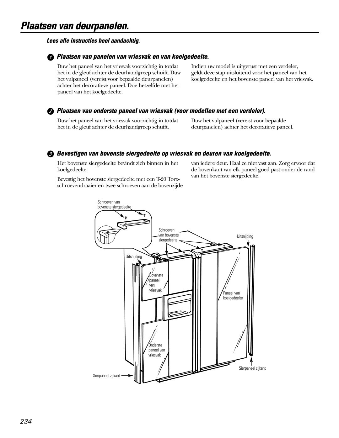 GE 200D2600P031 operating instructions Plaatsen van deurpanelen, Plaatsen van panelen van vriesvak en van koelgedeelte 
