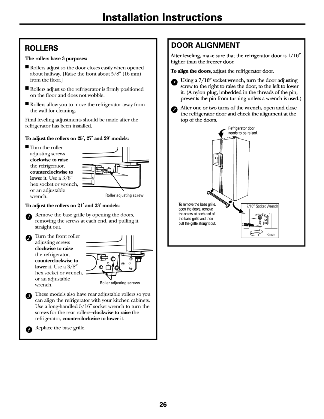 GE 200D2600P031 operating instructions Installation Instructions, Rollers, Door Alignment 