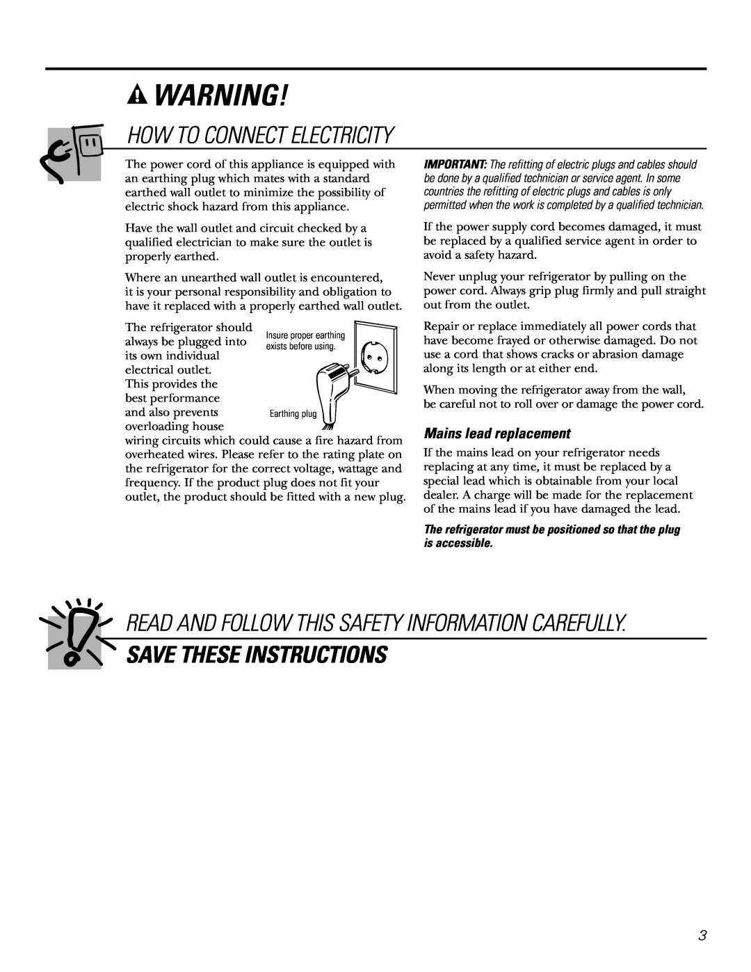 GE 200D2600P031 How To Connect Electricity, Save These Instructions, Read And Follow This Safety Information Carefully 