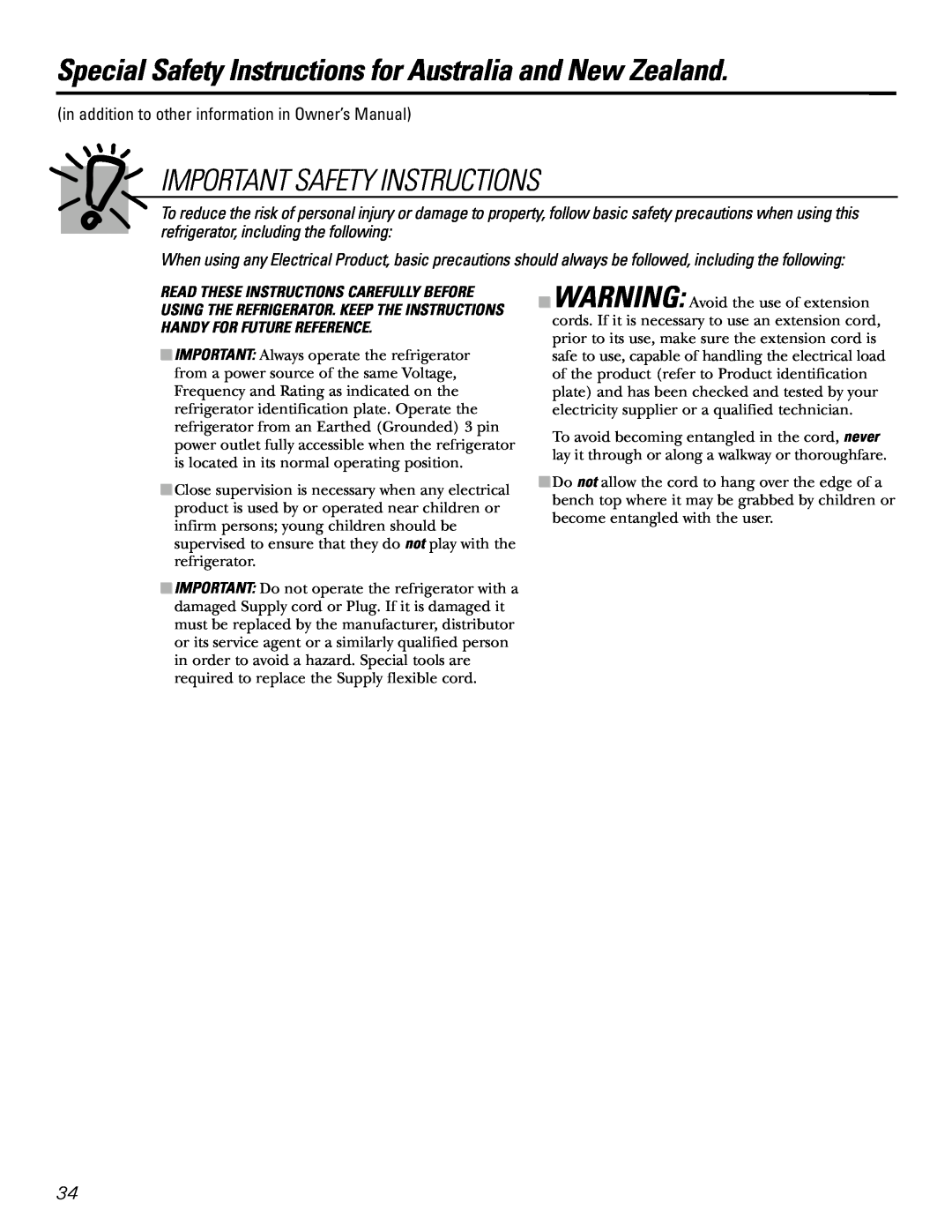 GE 200D2600P031 Special Safety Instructions for Australia and New Zealand, Important Safety Instructions 