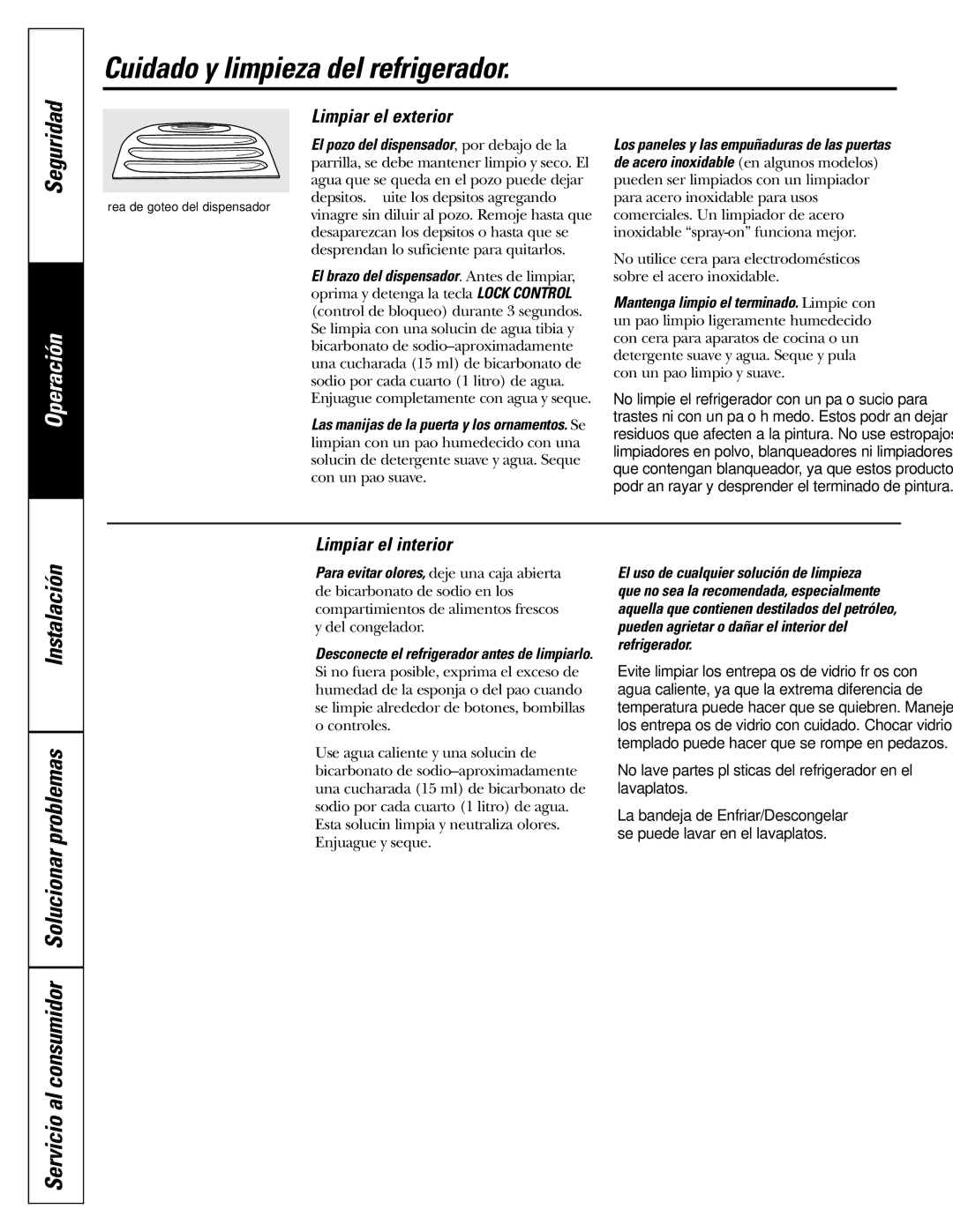 GE 200D2600P039 Cuidado y limpieza del refrigerador, Instalación Servicio al consumidor Solucionar problemas 