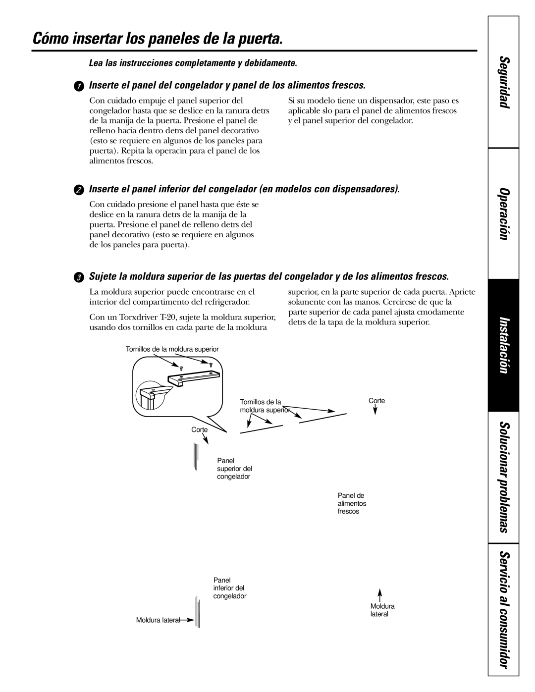 GE 200D2600P039 installation instructions Cómo insertar los paneles de la puerta 