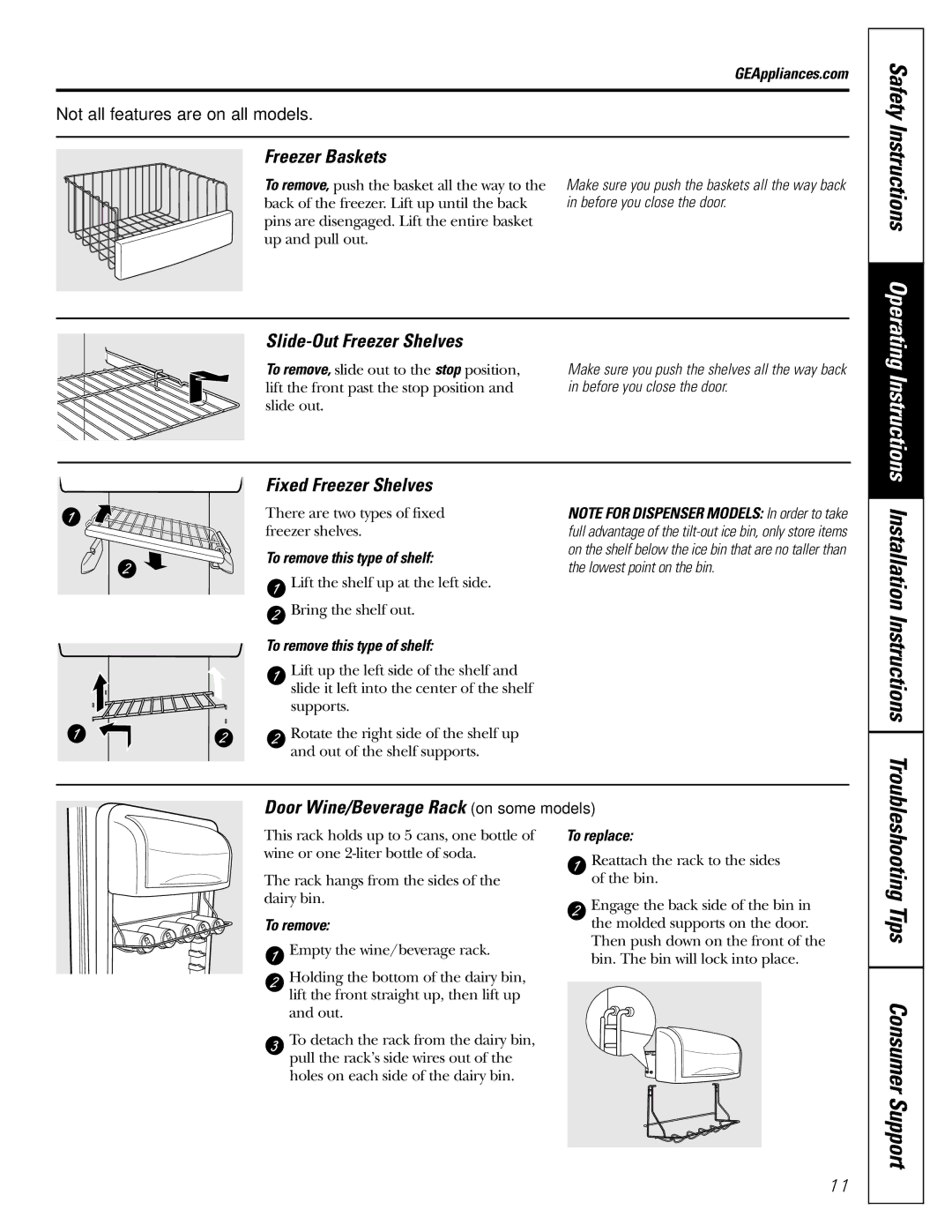 GE 200D2600P039 Installation Instructions, Freezer Baskets, Slide-Out Freezer Shelves, Fixed Freezer Shelves 