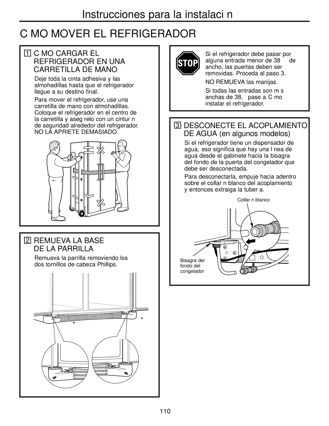 GE 200D2600P039 installation instructions Cómo Mover EL Refrigerador, Cómo Cargar EL Refrigerador EN UNA Carretilla DE Mano 