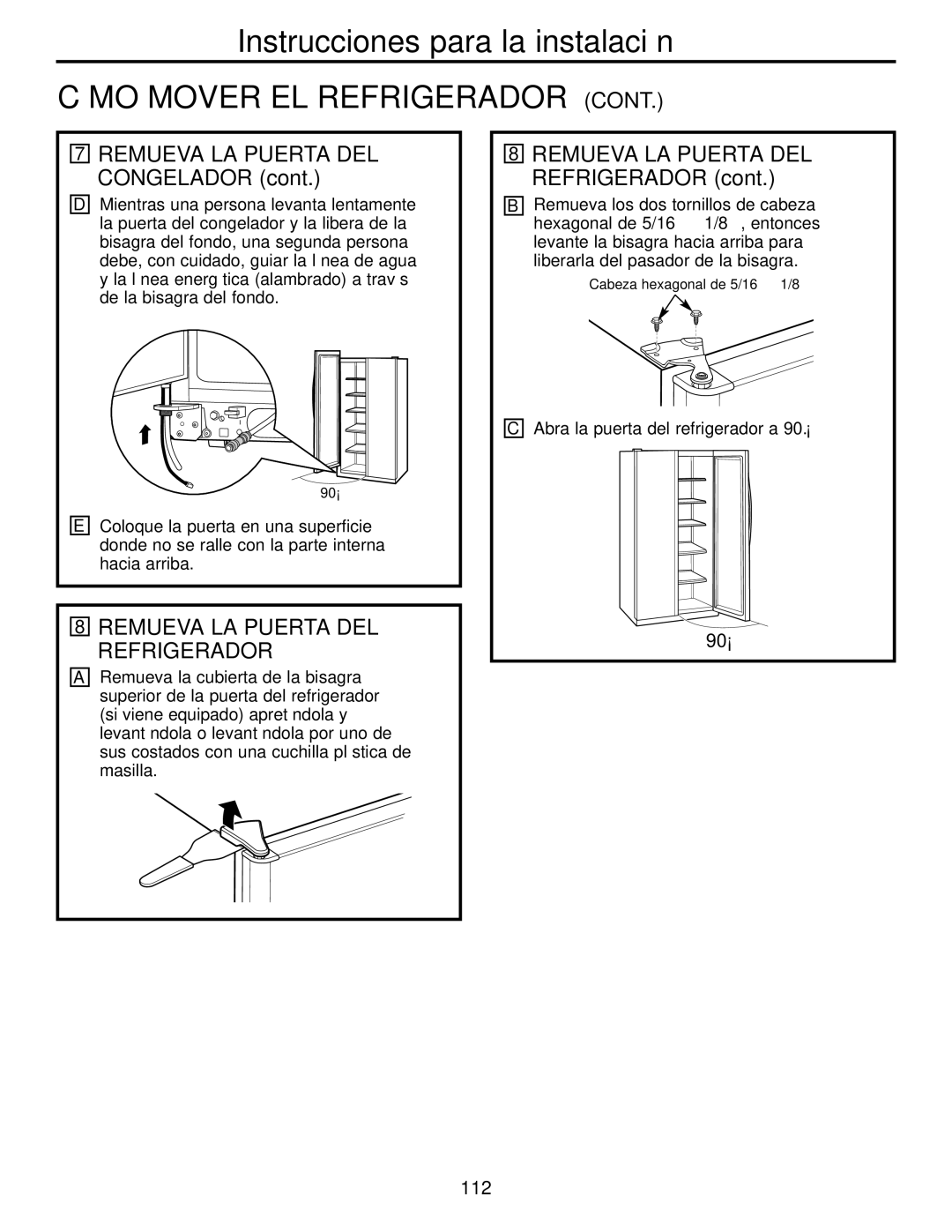 GE 200D2600P039 installation instructions Remueva LA Puerta DEL Congelador, Remueva LA Puerta DEL Refrigerador 