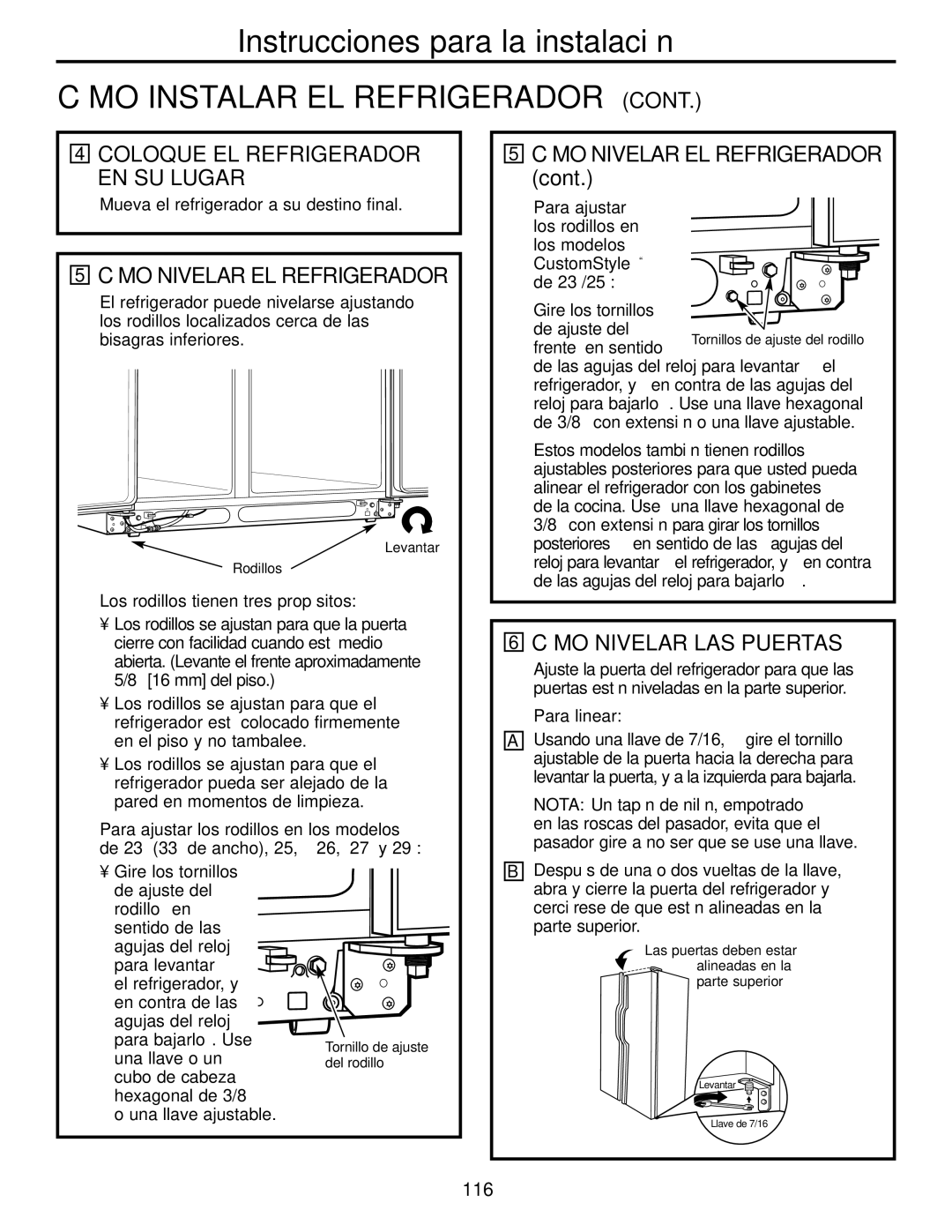 GE 200D2600P039 installation instructions Cómo Nivelar EL Refrigerador, Cómo Nivelar LAS Puertas 