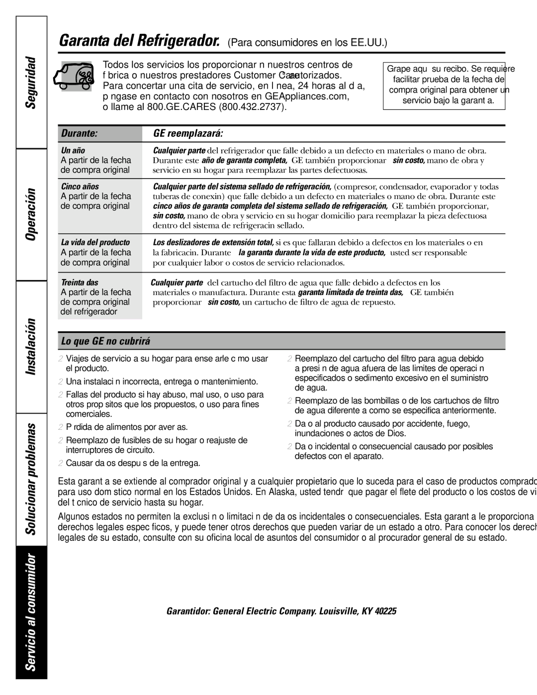 GE 200D2600P039 Durante GE reemplazará, Lo que GE no cubrirá, Garantidor General Electric Company. Louisville, KY 