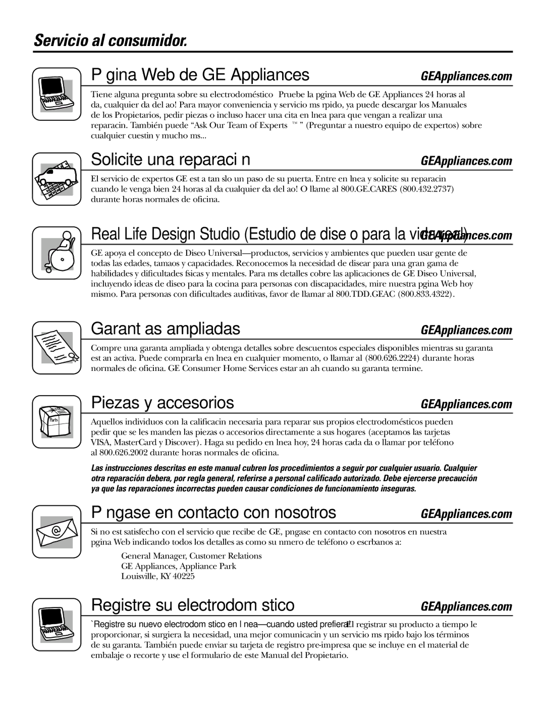 GE 200D2600P039 Servicio al consumidor Página Web de GE Appliances, Solicite una reparación, Garantías ampliadas 