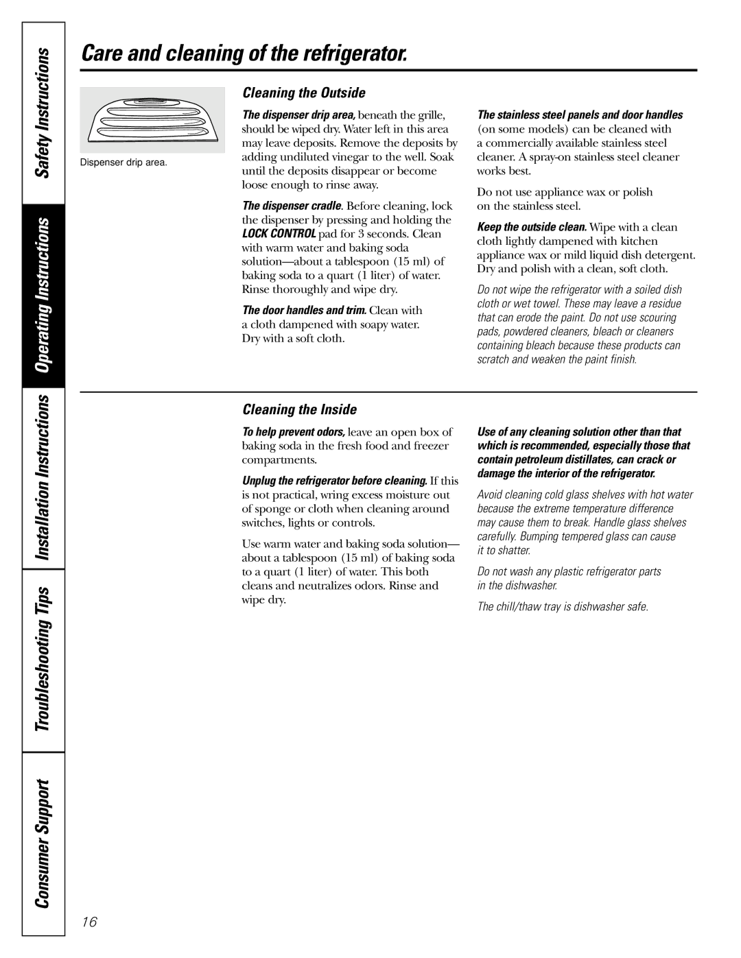 GE 200D2600P039 installation instructions Care and cleaning of the refrigerator, Cleaning the Outside, Cleaning the Inside 