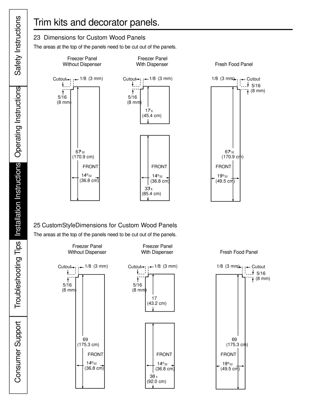 GE 200D2600P039 23‘ Dimensions for Custom Wood Panels, 25‘ CustomStyle Dimensions for Custom Wood Panels, Fresh Food Panel 