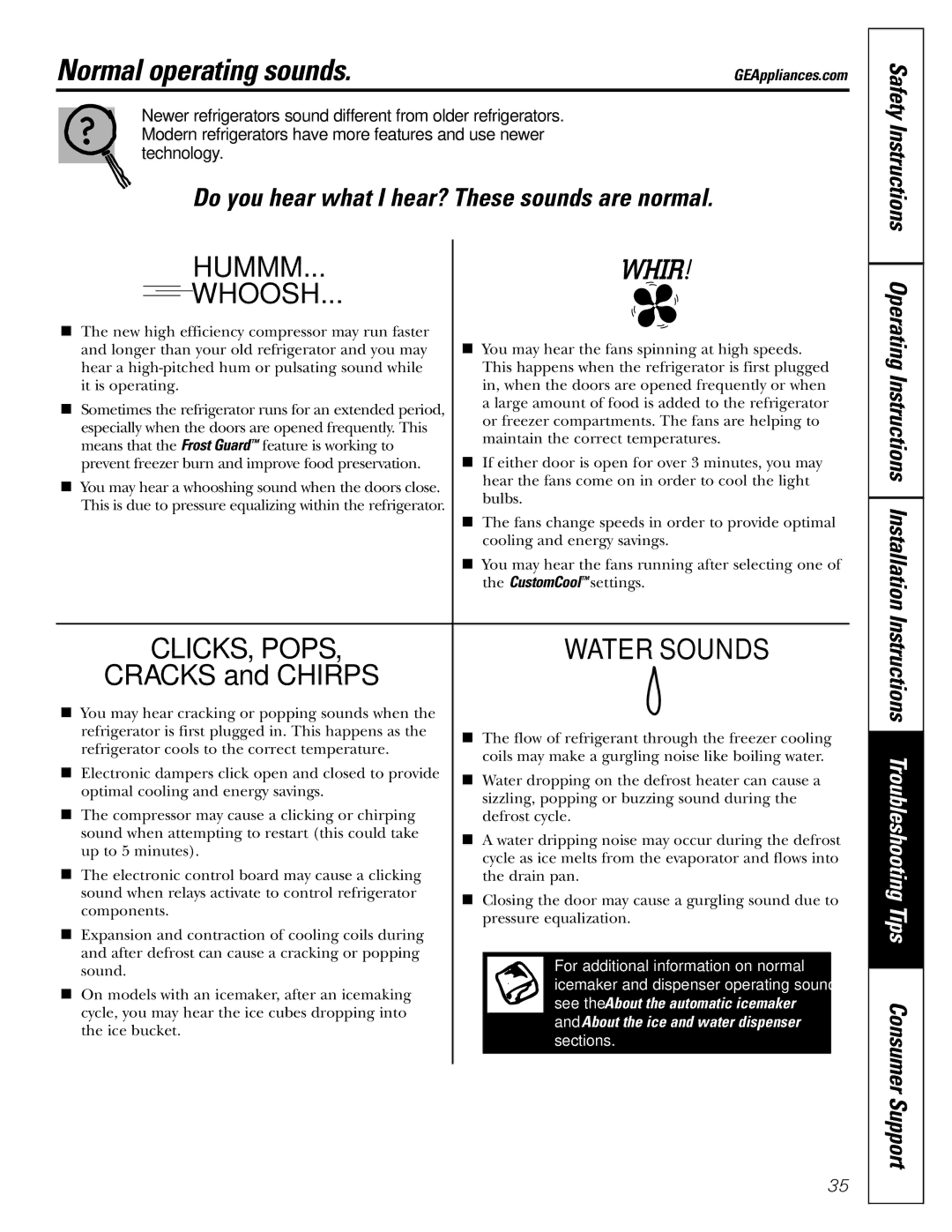 GE 200D2600P039 installation instructions Normal operating sounds, Hummm 