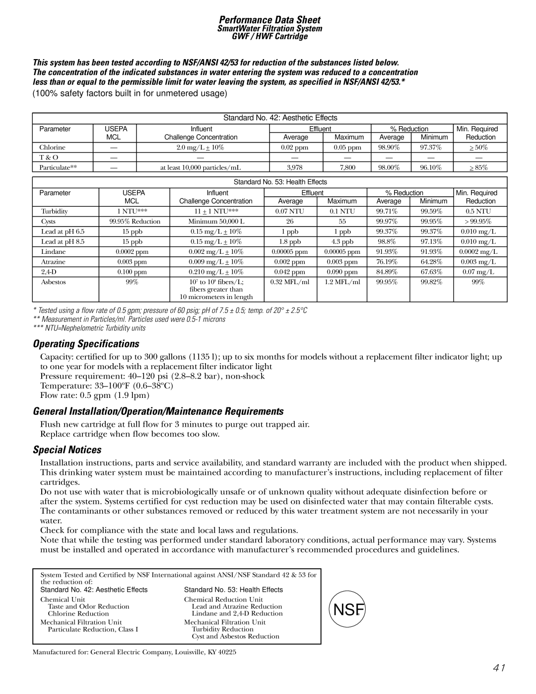 GE 200D2600P039 Performance Data Sheet, Operating Specifications, General Installation/Operation/Maintenance Requirements 