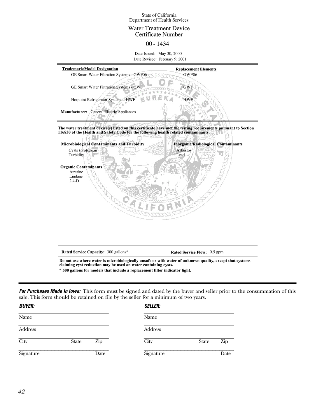 GE 200D2600P039 installation instructions Water Treatment Device Certificate Number 