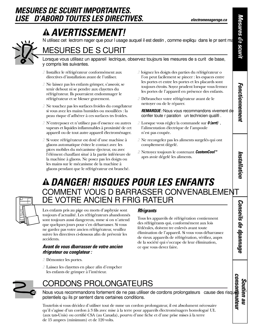 GE 200D2600P039 installation instructions Consommateur Soutien au, Réfrigérants 