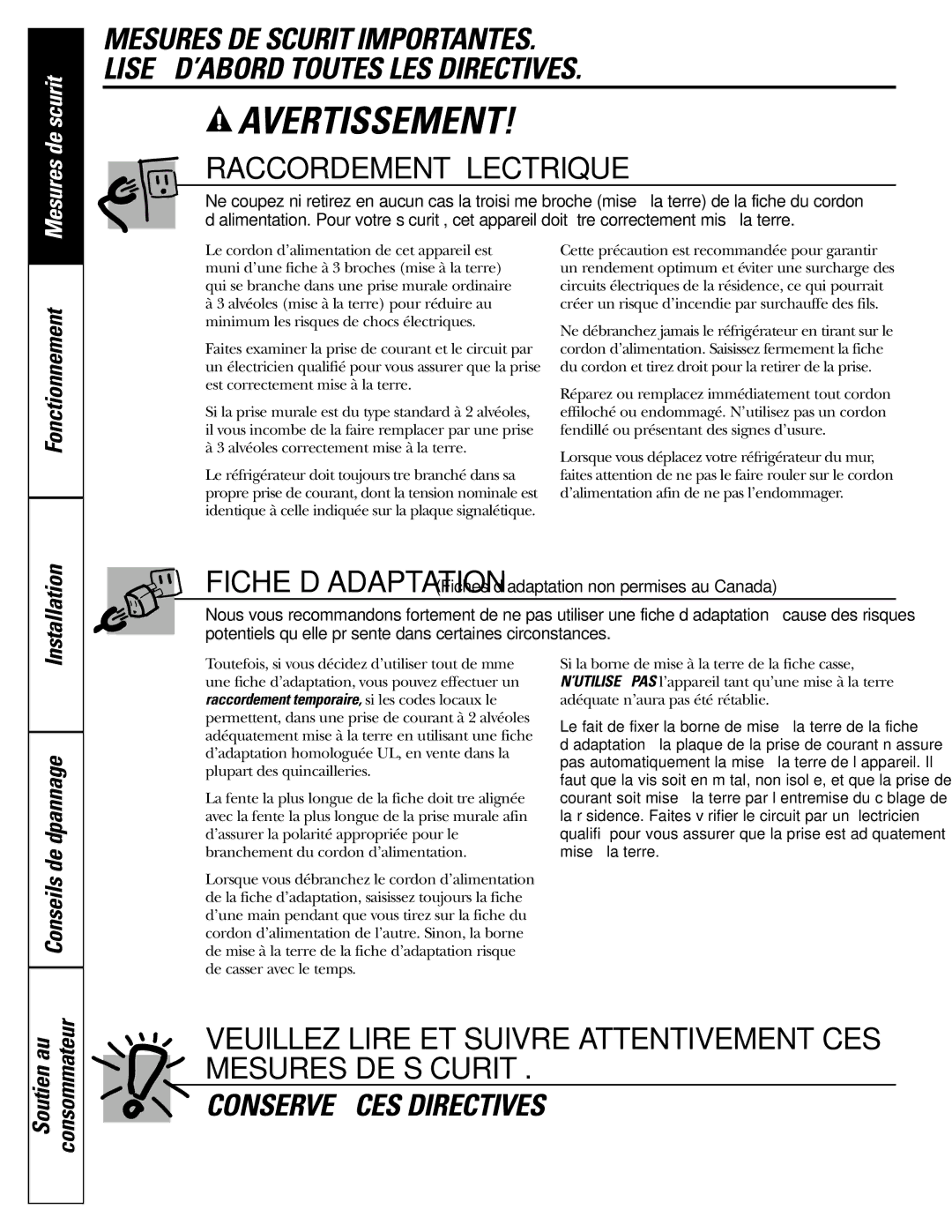 GE 200D2600P039 installation instructions Raccordement Électrique, Soutien au Consommateur 