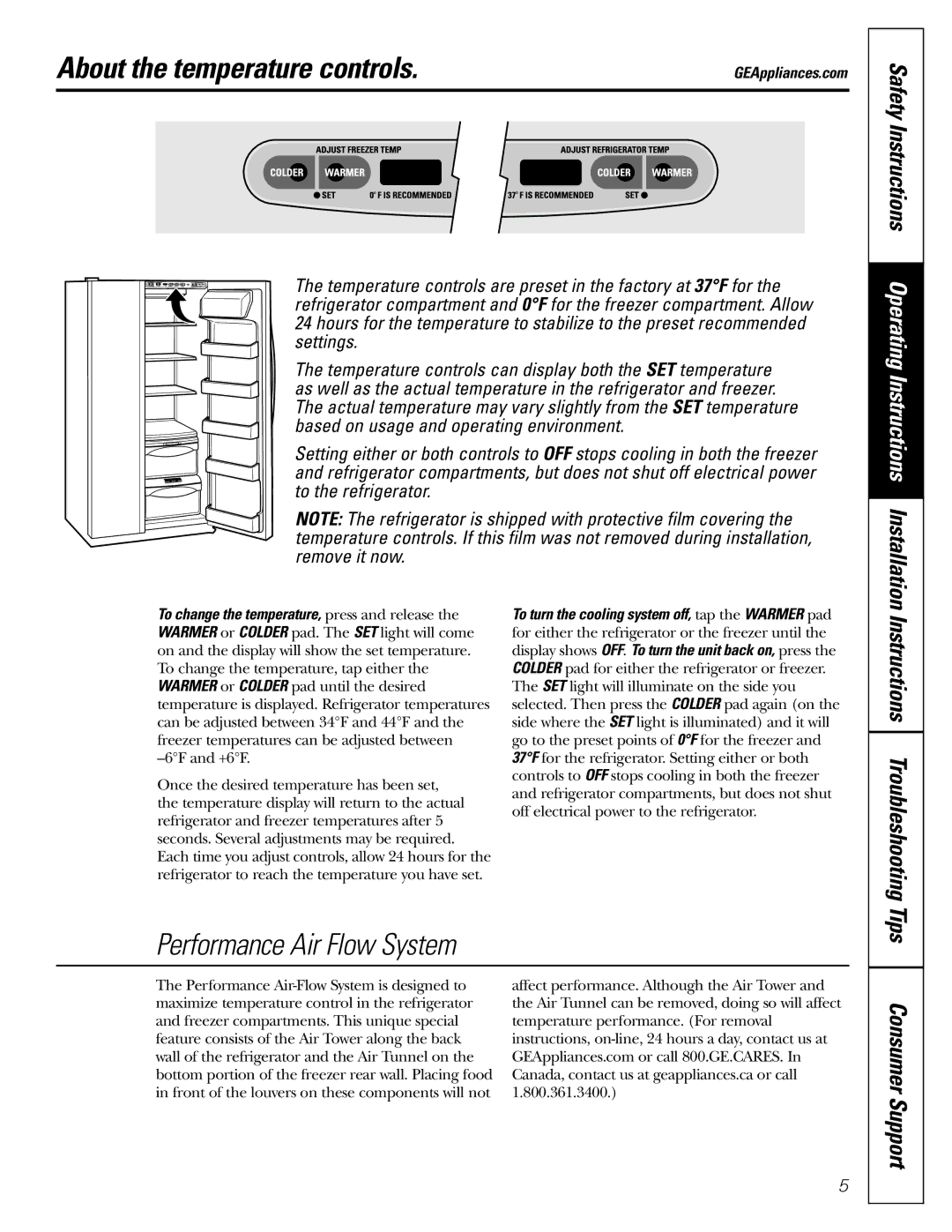 GE 200D2600P039 About the temperature controls, Safety Instructions Operating Instructions Installation 