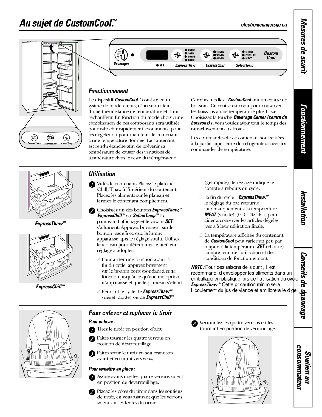 GE 200D2600P039 installation instructions Au sujet de CustomCool, Utilisation, Pour enlever et replacer le tiroir 