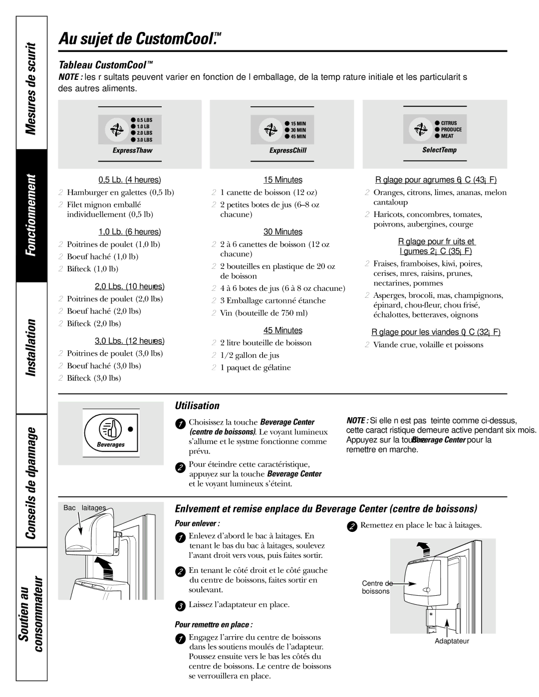 GE 200D2600P039 installation instructions De dépannage, Tableau CustomCool 