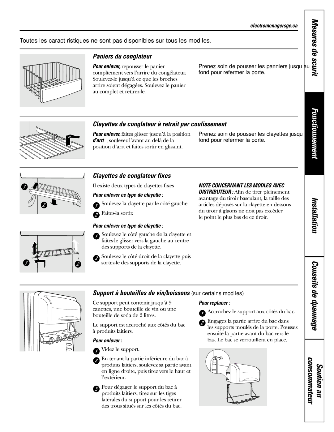 GE 200D2600P039 installation instructions Paniers du congélateur, Clayettes de congélateur à retrait par coulissement 