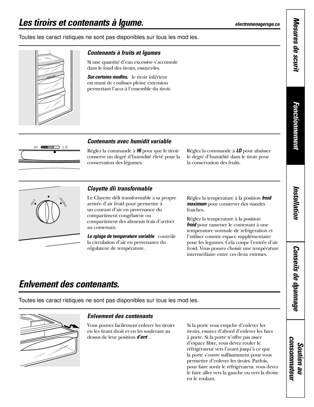 GE 200D2600P039 installation instructions Les tiroirs et contenants à légume, Enlèvement des contenants 