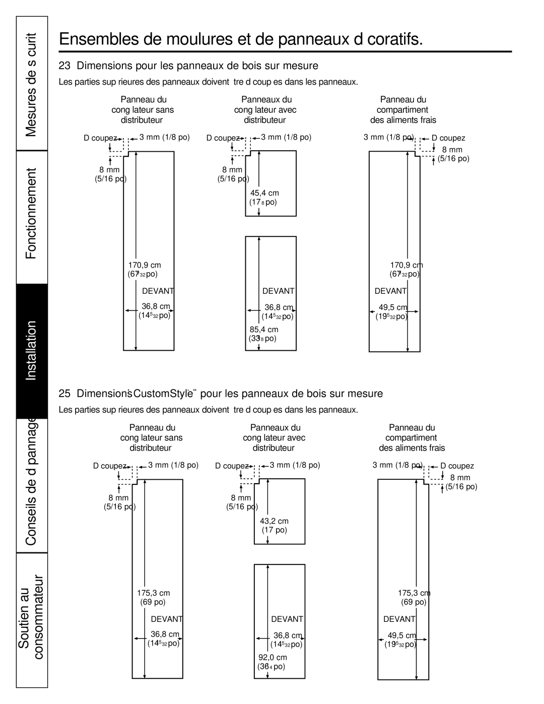 GE 200D2600P039 installation instructions 23‘ Dimensions pour les panneaux de bois sur mesure, Devant 