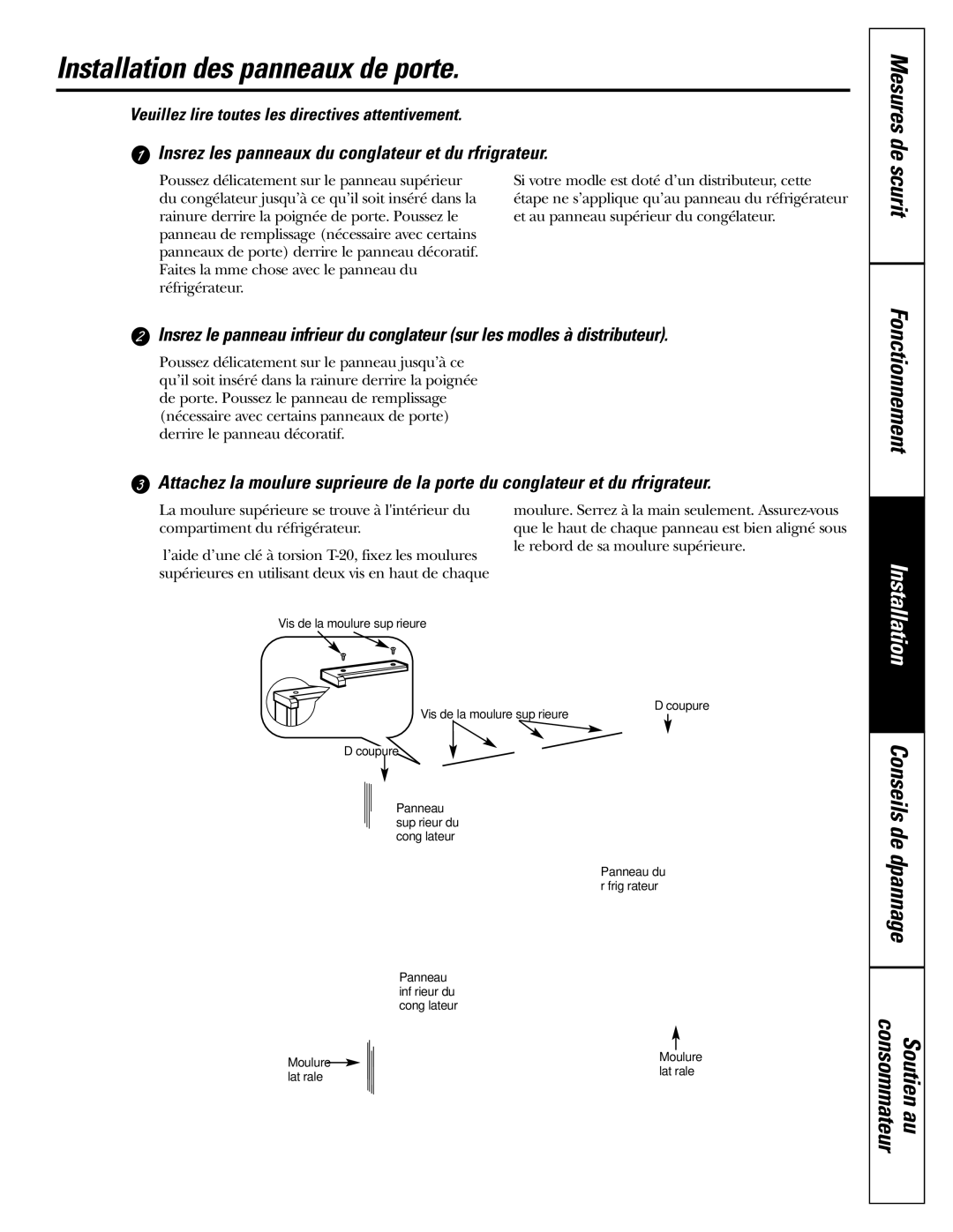 GE 200D2600P039 Installation des panneaux de porte, Insérez les panneaux du congélateur et du réfrigérateur 