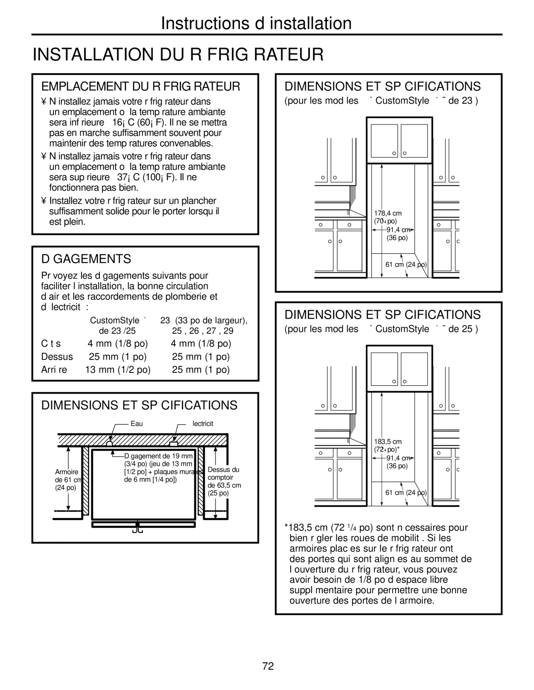 GE 200D2600P039 Installation DU Réfrigérateur, Emplacement DU Réfrigérateur, Dégagements, Dimensions ET Spécifications 