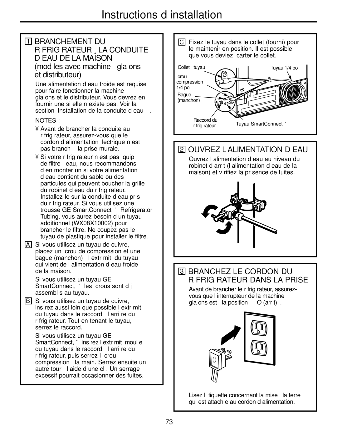 GE 200D2600P039 installation instructions Ouvrez L’ALIMENTATION D’EAU, Branchez LE Cordon DU Réfrigérateur Dans LA Prise 