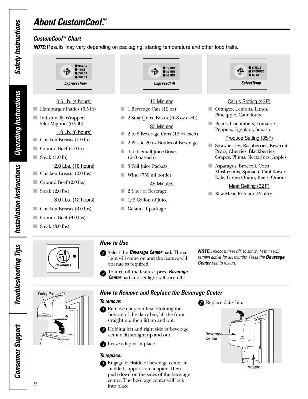 GE 200D2600P039 installation instructions CustomCool Chart, How to Remove and Replace the Beverage Center 