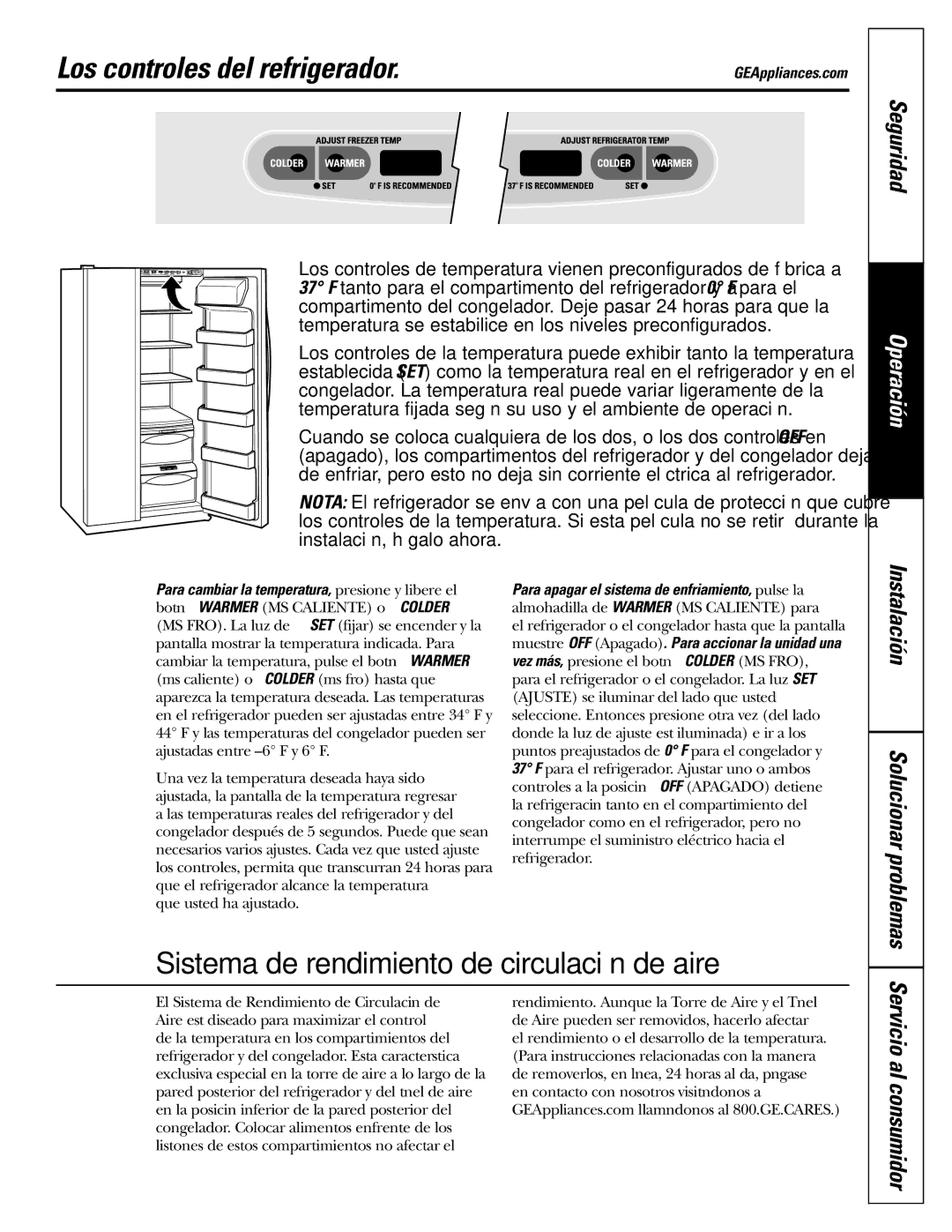 GE 200D2600P039 installation instructions Los controles del refrigerador, Seguridad, Servicio al consumidor 