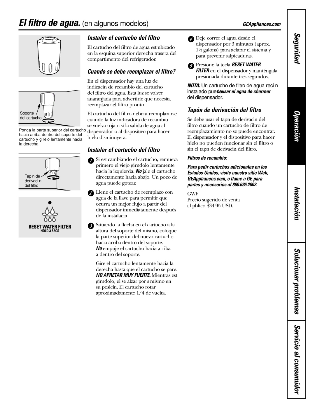 GE 200D2600P039 Instalar el cartucho del filtro, Tapón de derivación del filtro, Filtros de recambio 